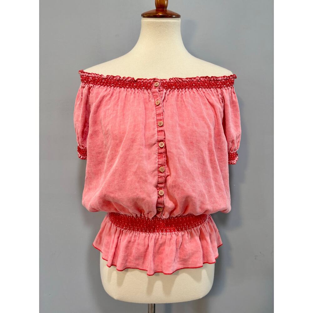 Nine West Boho Off The Shoulder Smocked Coral Pink Red Peasant Blouse Top Large